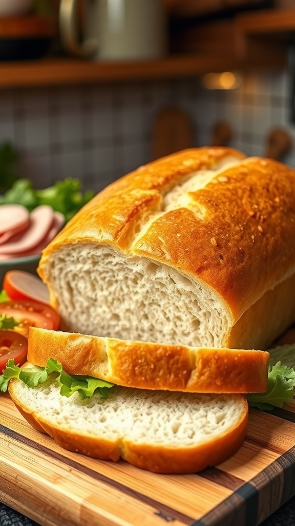 Soft Sandwich Bread with Instant Yeast Recipe A sliced loaf of soft sandwich bread on a cutting board with fresh sandwich ingredients.